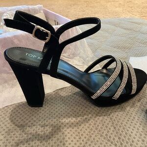 Black low heel sandals with rhinestone straps